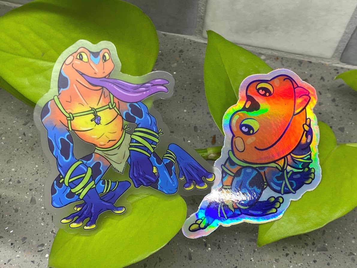 two stickers of a frog and a frog on a leaf