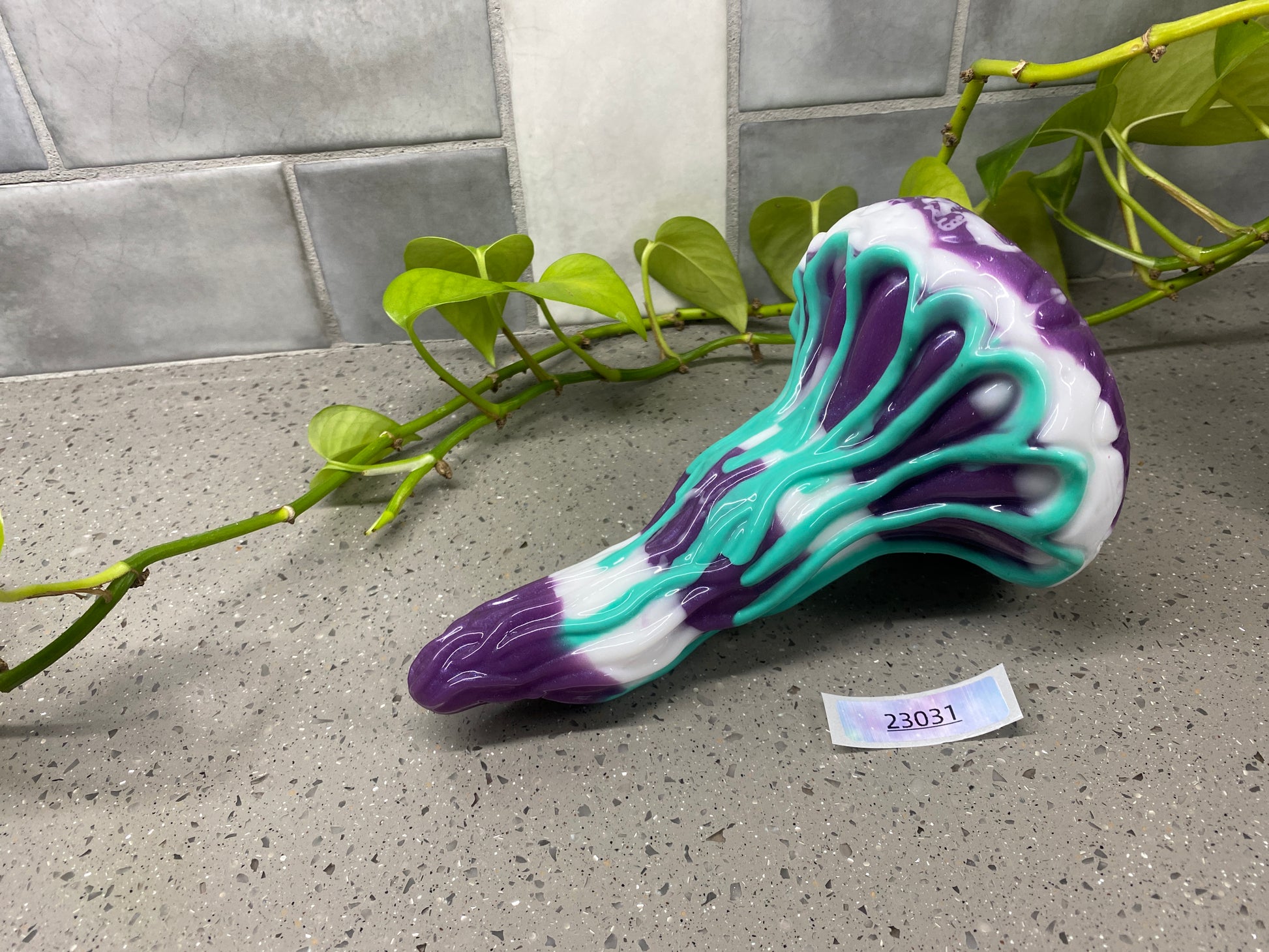 a purple and blue shoe sitting next to a plant