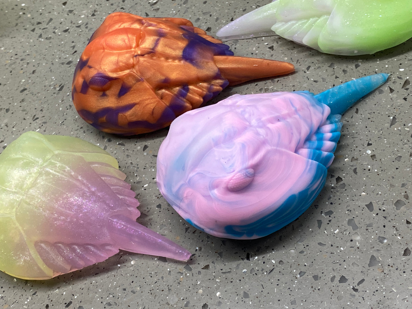 a group of three different colored seashells on a cement surface