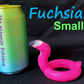 a pink flamingo float next to a can of fuchsia small