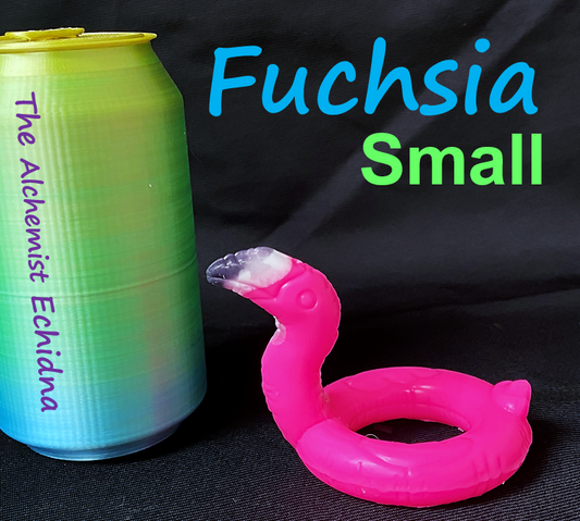 a pink flamingo float next to a can of fuchsia small