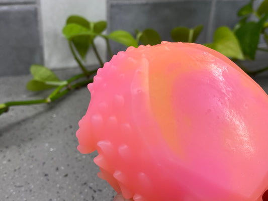 a close up of a soap ball with a plant in the background