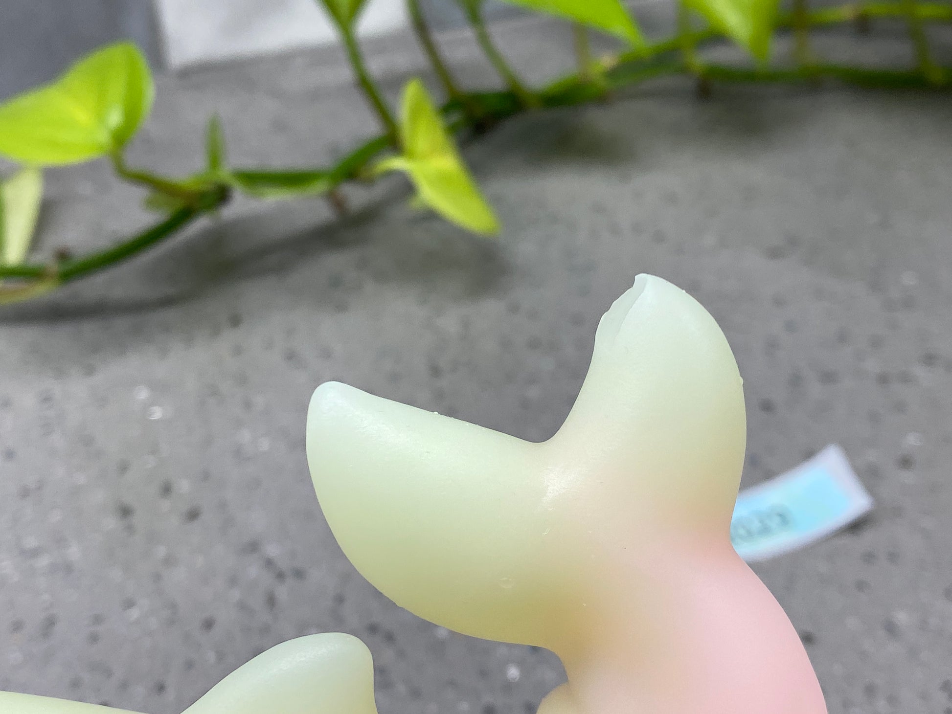 a close up of a fake tooth with a plant in the background