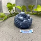 a blue vase sitting on top of a table next to a plant