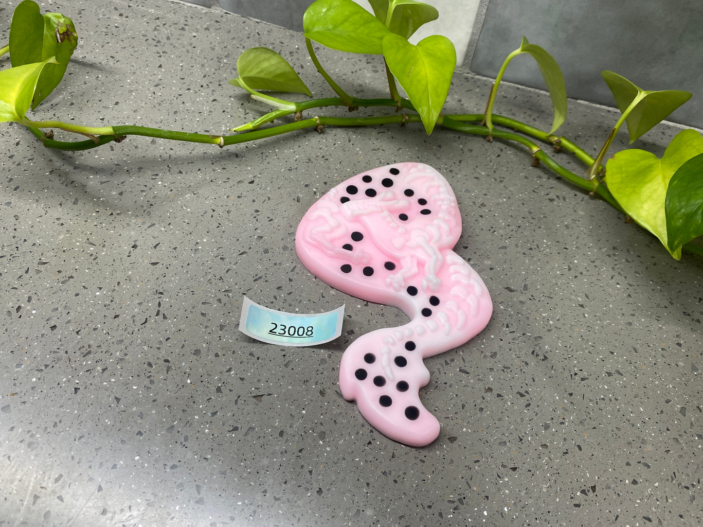 a pink and black object sitting on top of a table next to a plant