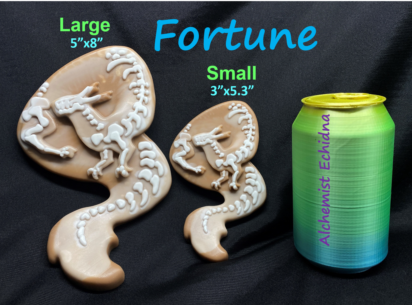 a cookie shaped like a dragon next to a can of fortune