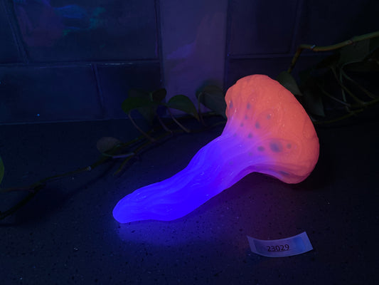 a glowing object sitting on a table next to a plant