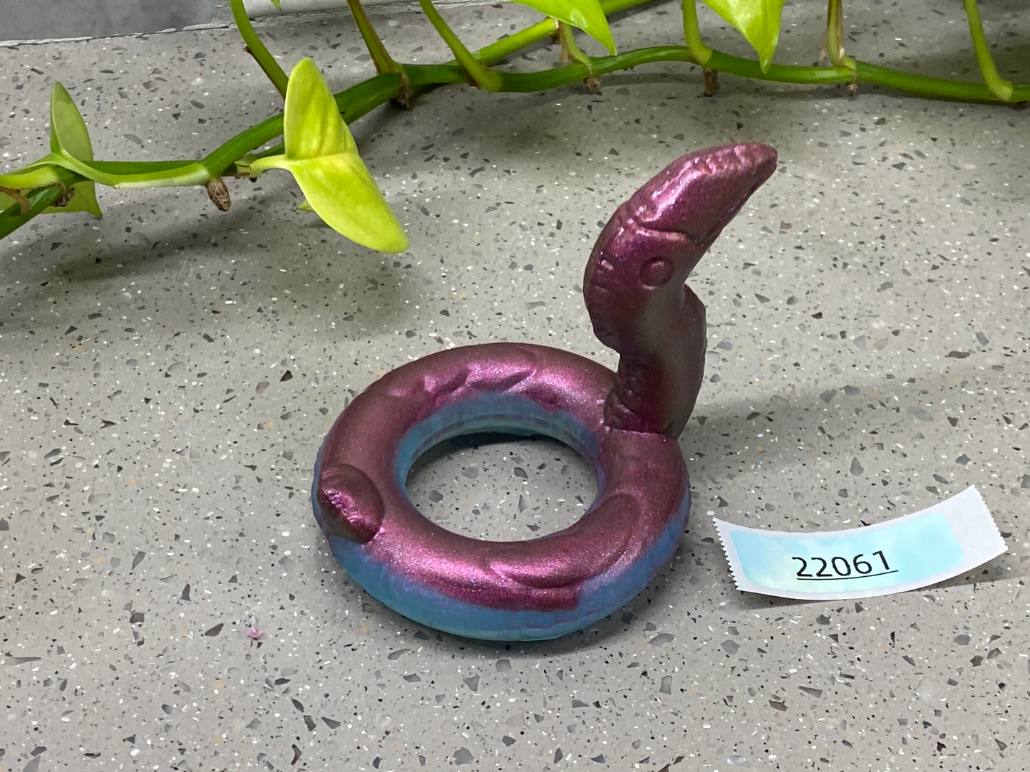 a purple ring sitting on the ground next to a plant