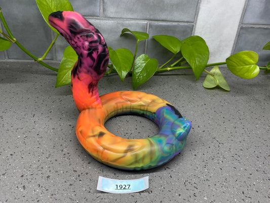 a colorful ring sitting on top of a cement ground next to a plant