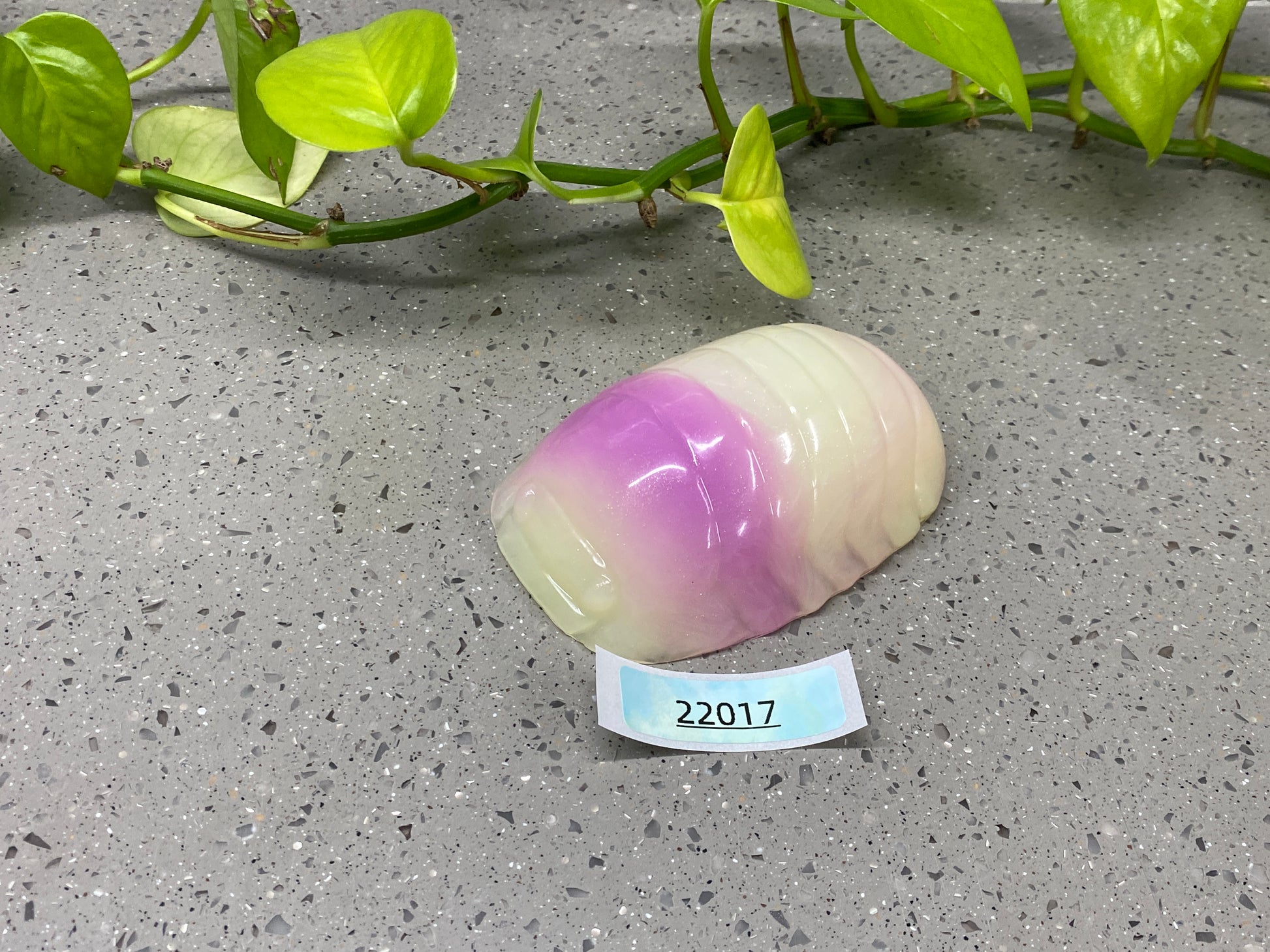 a purple and white vase sitting on top of a table