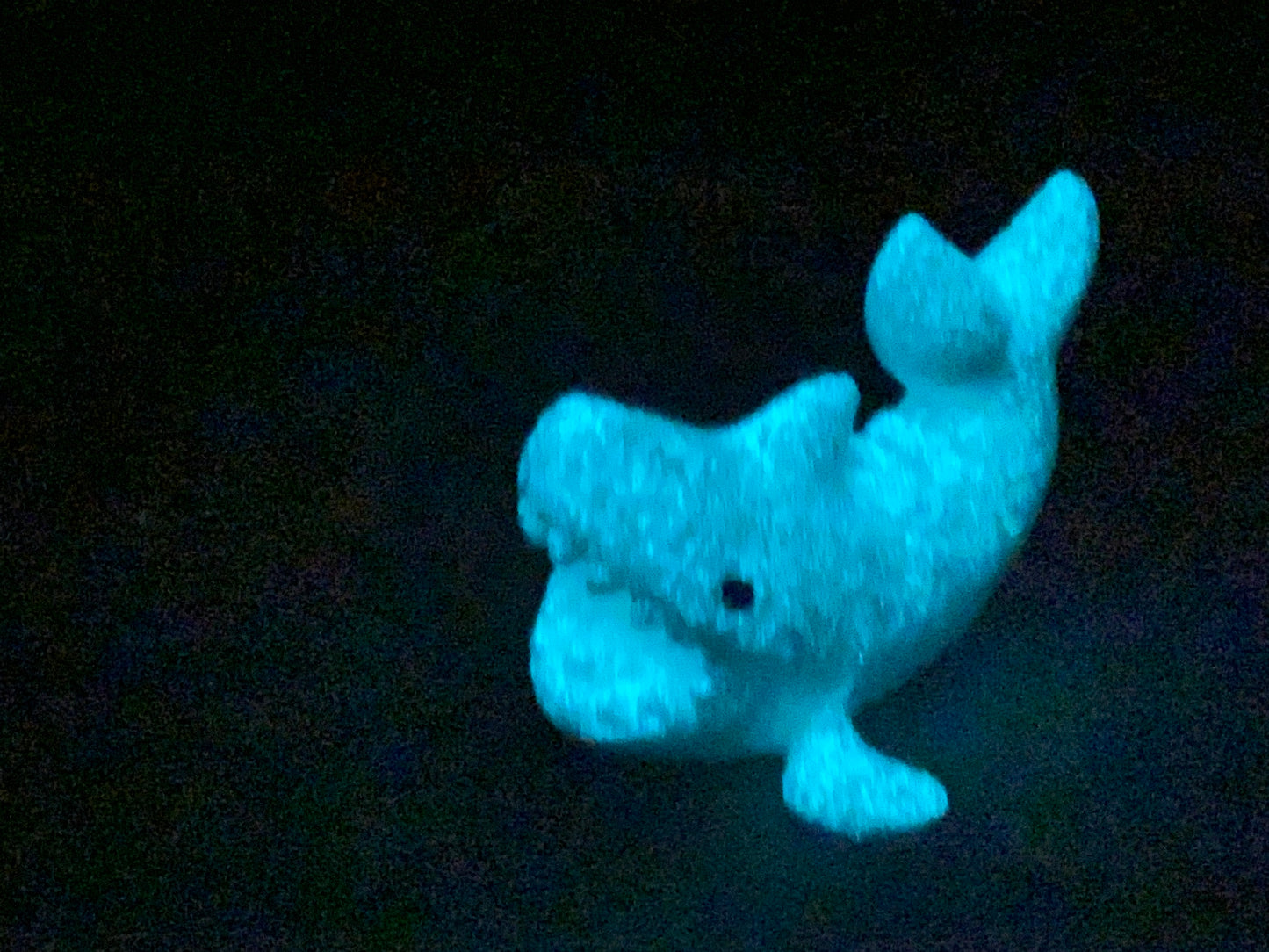 a blue stuffed animal is glowing in the dark