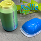 a green and a blue plastic cup sitting next to each other