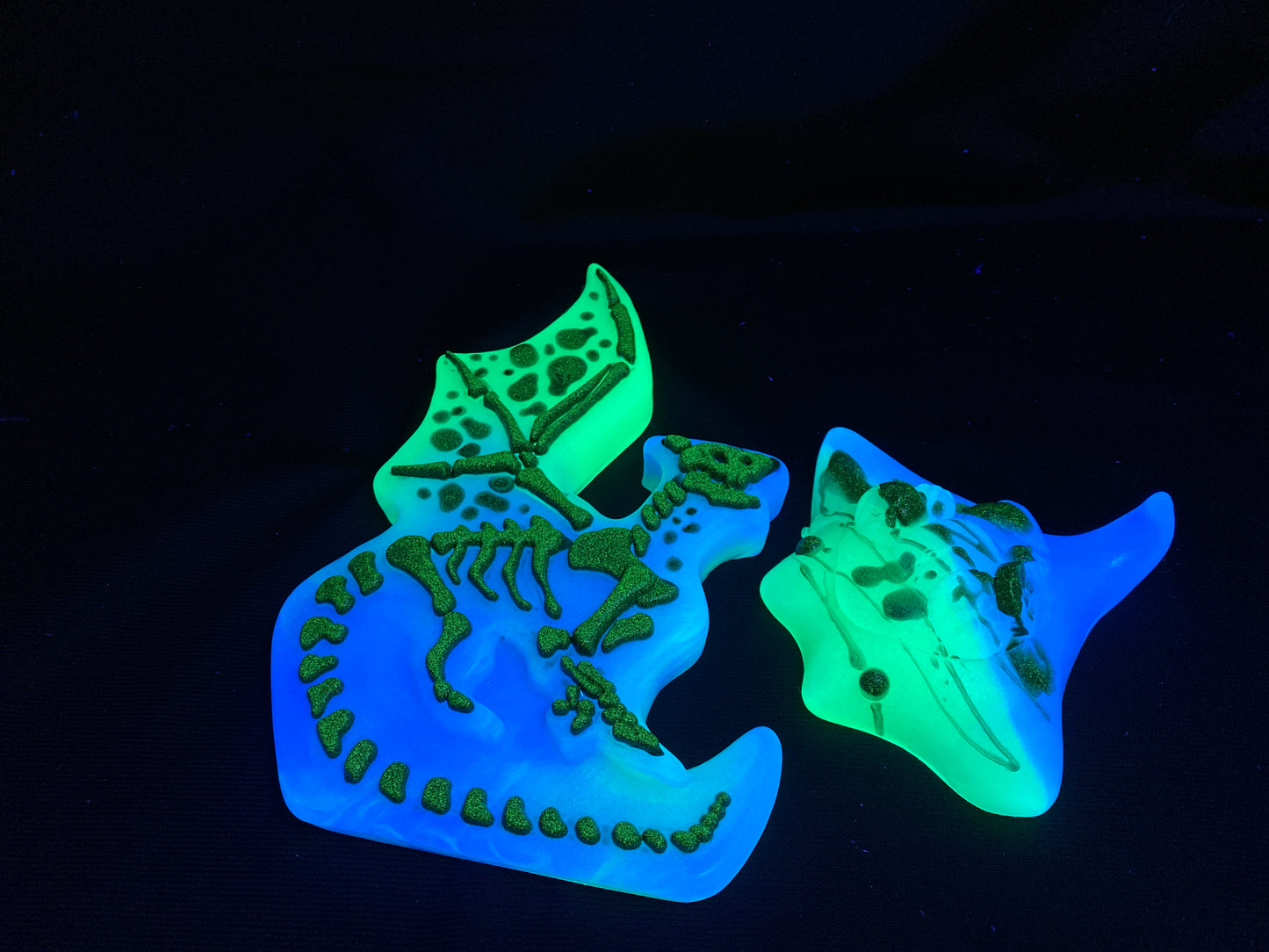two glow in the dark objects on a black surface