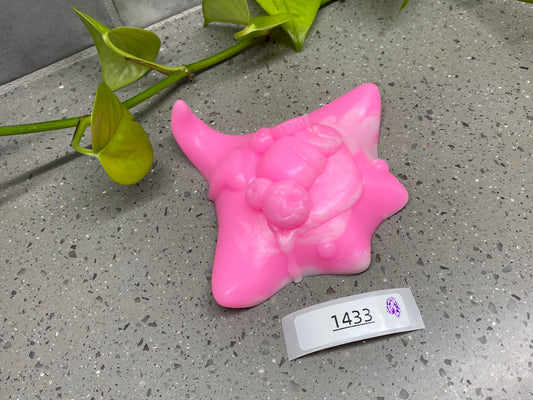 a pink star shaped object sitting next to a plant
