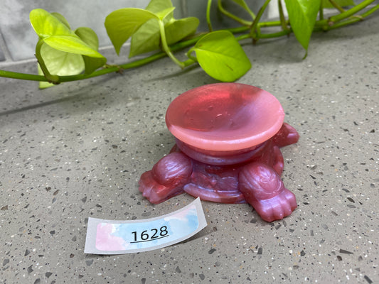 a pink object sitting on top of a table next to a plant